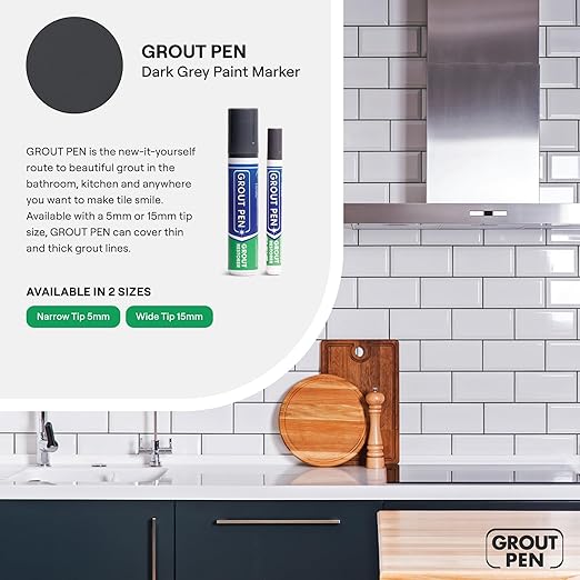 Grout Pen Dark Grey Tile Grout Paint Marker: Waterproof Tile Grout Paint Pen Colorant, Grout Shine Touch Up & Renew - Dark Grey, Wide 15mm Tip (20mL)