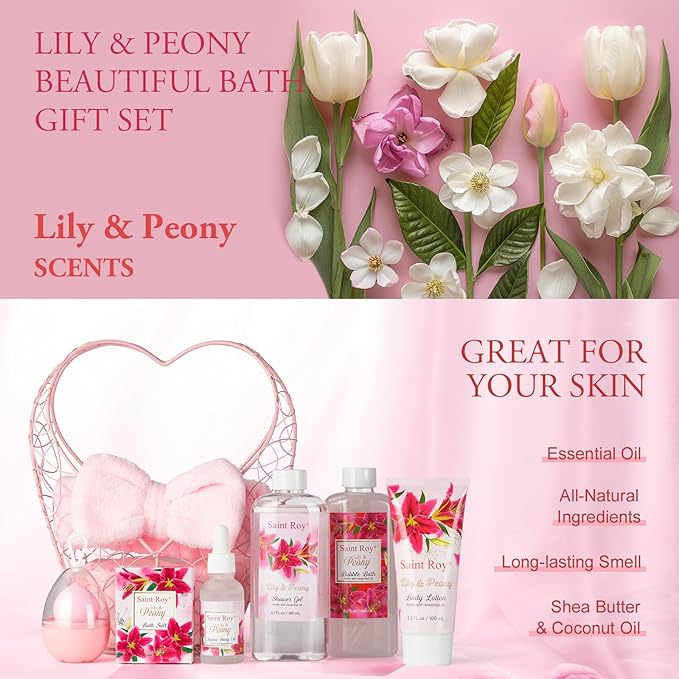 Valentines Day Gifts Basket Christmas Gifts for Women Spa Set Lily & Peony Home Spa Set, Beauty Personal Care Set Jojoba Oil, Spa Self Care Kit, Bath Body For Thank You, Birthday Gifts