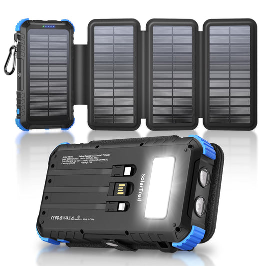 Solar Power Bank 20000mAh with 4 Panels and Build-in 3 Cables - Image 1