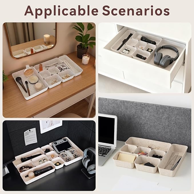 16-Piece Felt Drawer Organizer Set in 4-Sizes, Made from Eco-Friendly Material for Vanity, Makeup, Desk, Office, Kitchen, and Nightstand, Oatmeal