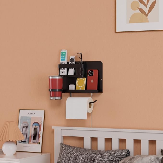 Floating Shelves for Bedside, Self Stick On Wall Mount Shelf Organizer with Hooks, Cute Room Decor Aesthetic, Multi-Functional Storage for Bedroom, Office, No Drilling Adhesive Hanging Shelf (Black)