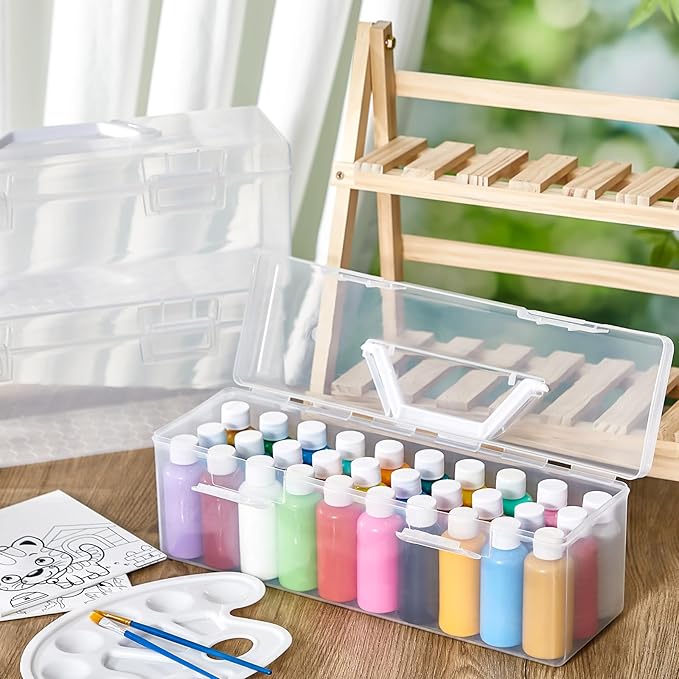 3 Pcs Acrylic Paint Storage Box for 2 Fl. oz Acrylic Paints, Portable Craft Art Organizer with Handle, 30 Bottles Capacity Plastic Art Supply Clear Boxes (White)