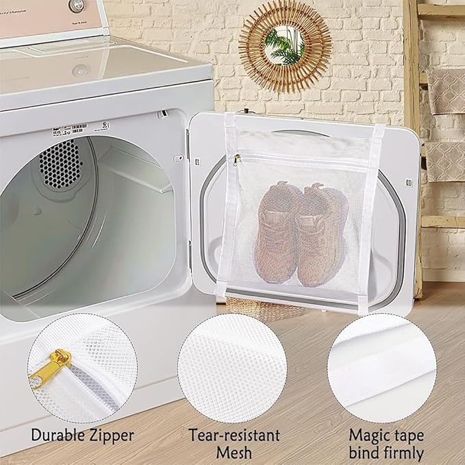 Shoe Dryer Bag, Reusable Sneaker Wash Dry Net, Laundry Shoe Bags Mesh Wash Bags, Sneaker Dryer Bag with Strap And Zipper for Washing Machine, Dryers, 15.75 x 15.75inch (COLOR:White)