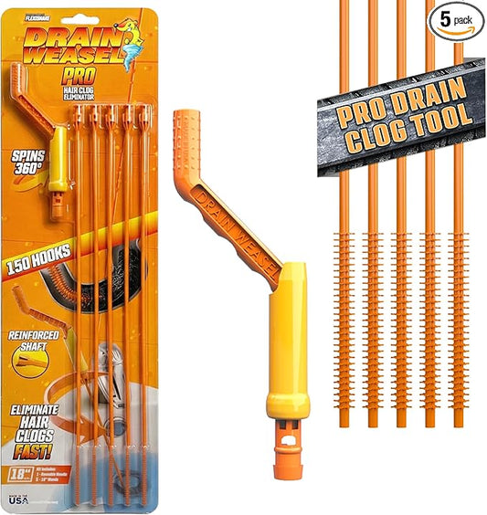 FlexiSnake Pro Drain Weasel Sink Snake Cleaner with New Molded Tip - 18″ - Drain Snake Clog Remover Tool with Rotating Handle & 5 Wand Refills - Easy to Use on Drains & Grates - Made in USA - 5-Pack