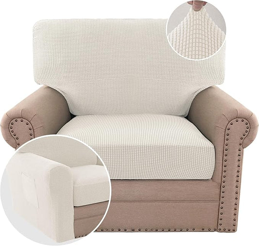 H.VERSAILTEX Multi-Pieces Chair Covers Stretch Couch Covers Form Fitted Seat and Back Cushions Covers (1 Seat Cover Plus 1 Back Cusion Cover, Bonus 2 Armrest Covers), Ivory