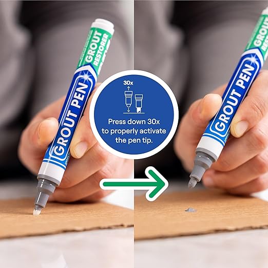 Grout Pen Grey Tile Paint Marker: Waterproof Grout Paint, Tile Grout Colorant and Sealer Pen - Narrow 5mm, 2 Pack with Extra Tips (7mL) - Grey