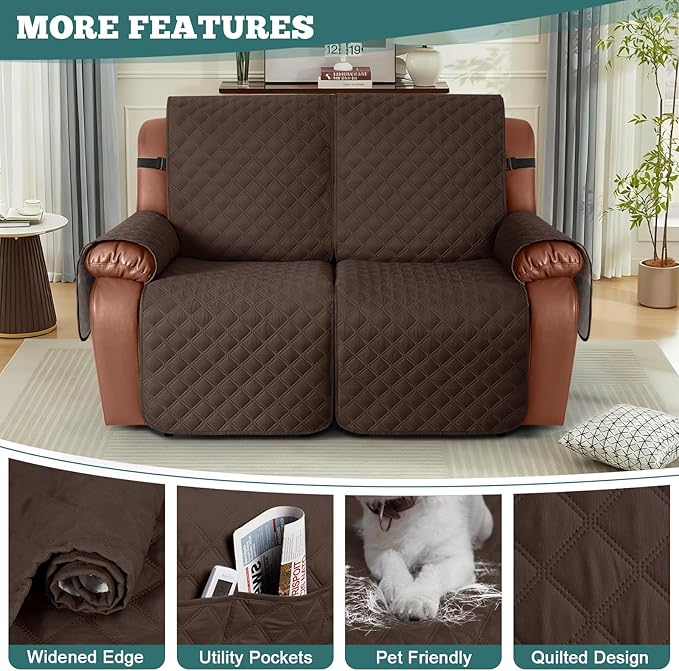 Ruaozz Waterproof Recliner Sofa Covers, 1-Piece Couch Covers for Reclining Couches Reclining Couch Cover Washable Furniture Protector with Elastic Straps Pocket for Kids Pets (Dark Brown, 2 Seater)