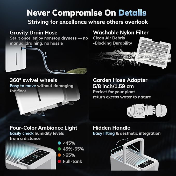 3500 Sq.Ft Basement Dehumidifier,AEOCKY Max 50 Pint/D Drain Hose Dehumidifier for Home,Bedroom,Bathroom,Room,Intelligent Humidistat,Quiet