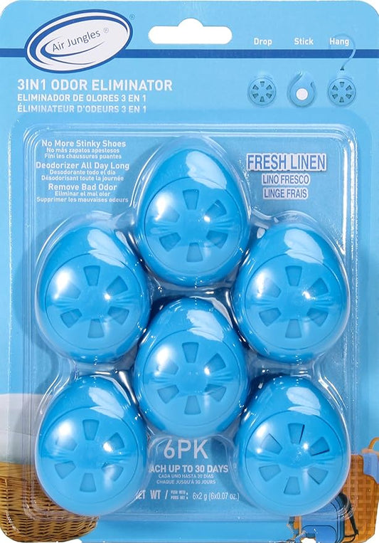 Air Jungles Shoe Deodorizer Balls 6 Ct, Fresh Linen Scent, Odor Remover Balls for Sneakers, Gym Bags, Lockers, and Drawers, Essential Oil Provides Natural Freshness