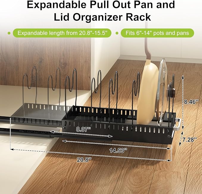 Pots and Pans Organizer Under Cabinet with Drain Board, Pull-out Expandable Pot Lid Organizer inside Cabinet Holder with 10 Adjustable Compartment, Rack for Cutting Board, Black (Pack of 2)