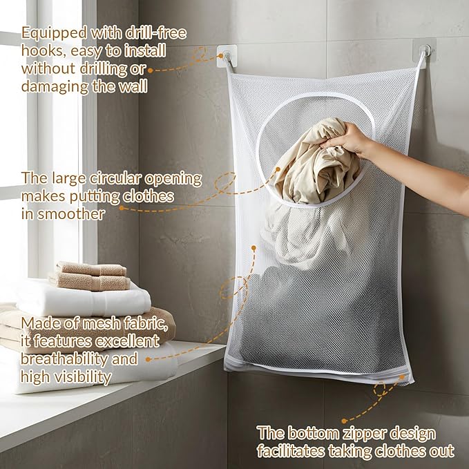 Hanging Laundry Hamper Bag,30x20 Inch Foldable Wall Hanging Laundry Bag,Portable Space Saving Dirty Clothes Bags with 2 Adhesive Hooks for Dirty Clothes Organization Storage (1)