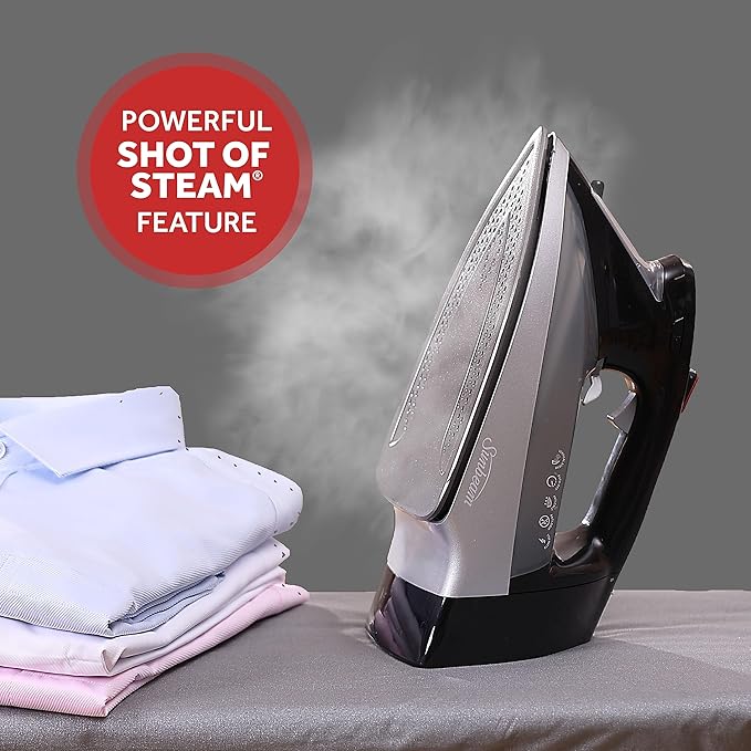 Sunbeam Professional 1700W Digital Steam Iron, 11-Heat Settings, Multi-Color LCD Display Screen, Precision Ironing, Horizontal or Vertical Shot of Steam, 8' Retractable Cord, Black and Red
