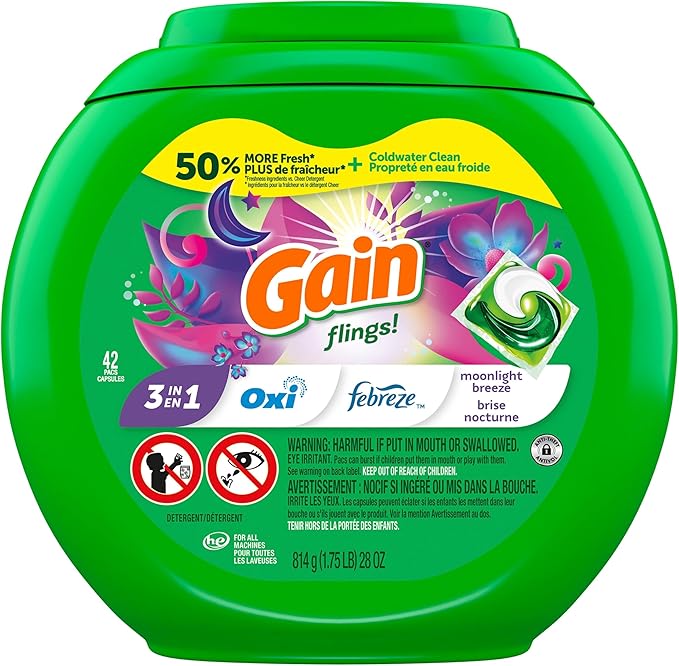 Gain Flings Laundry Detergent Pacs, 42 Count, Moonlight Breeze Scent, 3 in 1 HE Detergent Pacs with Oxi Boost and Febreeze