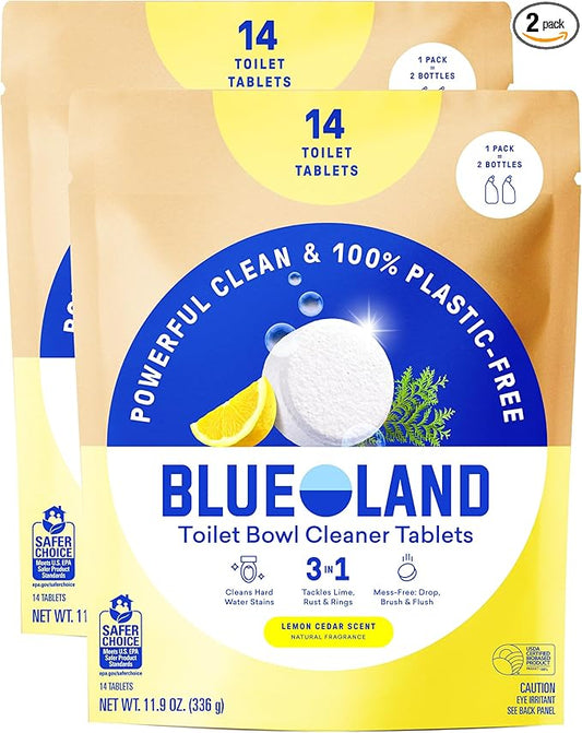 BLUELAND Toilet Bowl Cleaner Tablets, 2-Pack, 28 Count, Lemon Cedar, Plastic-Free, No Harsh Chemicals, Plant-Based