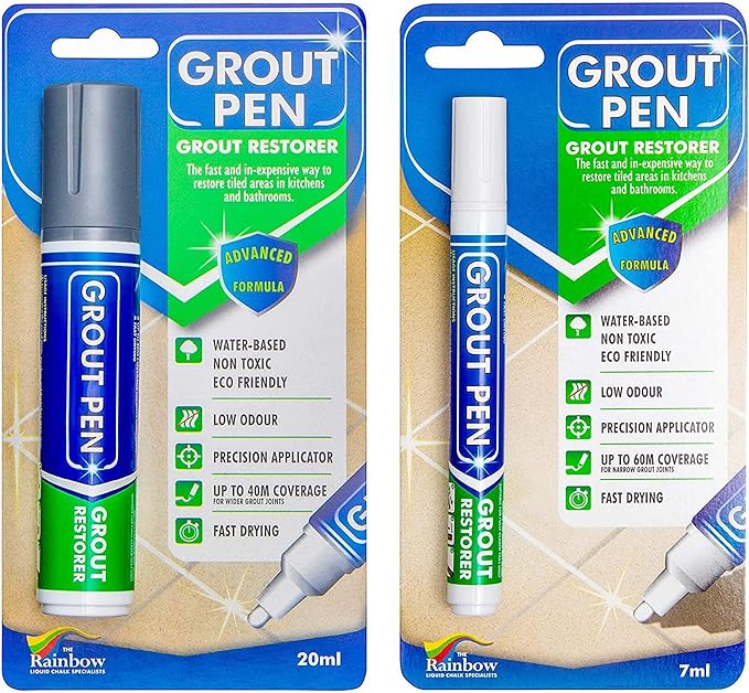 Grout Pen Tile Paint Marker: Waterproof Grout Colorant and Sealer Pen to Renew, Repair, and Refresh Tile Grout - Bundle - 15mm Wide Tip Grey and 5mm Narrow Tip White