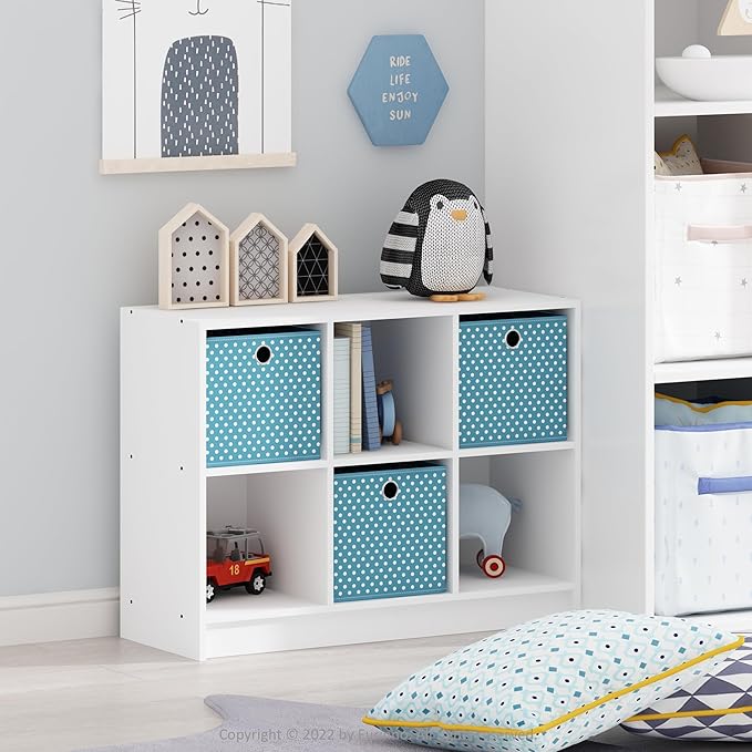 Furinno BASIC Book Shelf, 6-Cube Bookshelf with Open Shelf, 3 x 2 Bookcase with Storage Bins, Closed Back, Horizontal, 11.9" x 31.6" x 23.6", for Living Room, Bedroom, Home Office, White/Light Blue