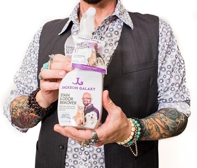 Jackson Galaxy: Stain & Odor Remover - Pet Urine Remover - 23 oz Bottle - 2 Fill Tablets Included - Eliminates Pet Stains & Odors Quickly - Works On Multiple Surfaces - Non-Toxic Formula
