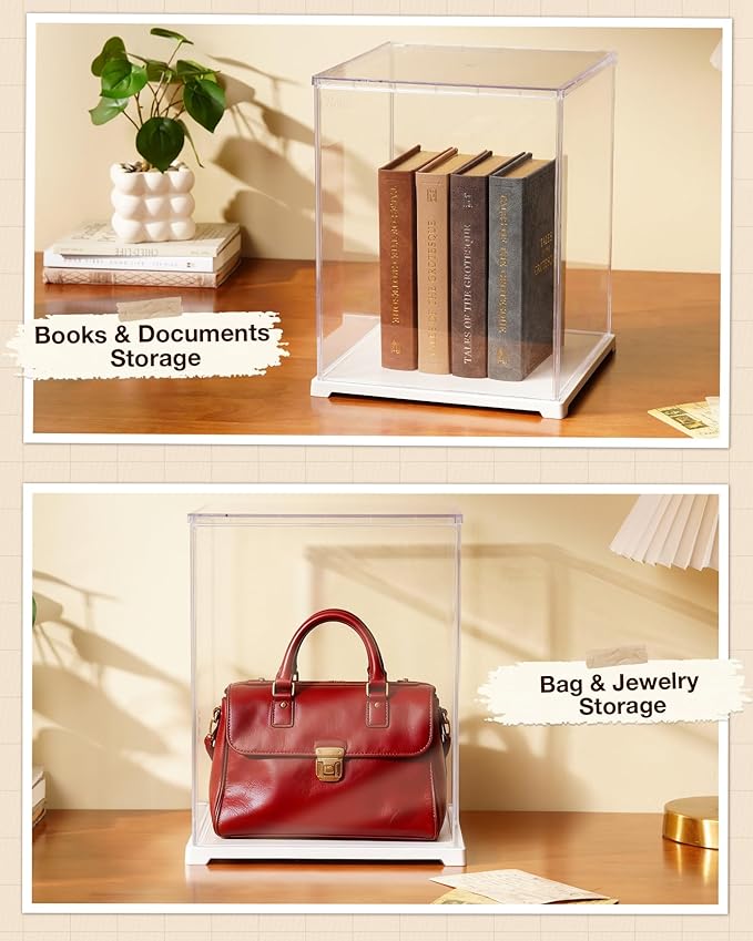 Rolife Acrylic Display Case Dust Cover for Collectibles, Dustproof Protection Showcase with White Base with Door for Plush Toy, Book Nook & Daily Goods (12.2''x9.8''x9.8'')