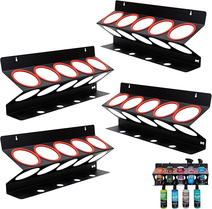 Maxshine Universal Detailing Spray Bottle Holder (4-Pack) – Mobile Detailing & Car Garage Organizer, Holds 5 Bottles (16/32oz) with 4 Small Holes – Lightweight Design, Easy Wall Mounting