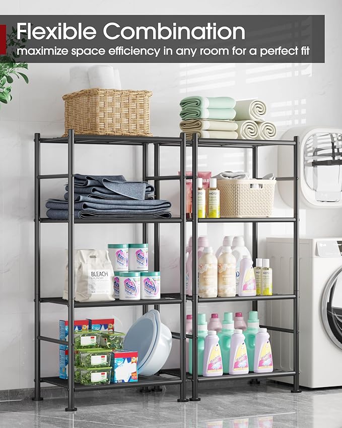 4 Tier Metal Shelf Organizer, Space-Saving, 18"x12"x44", Black