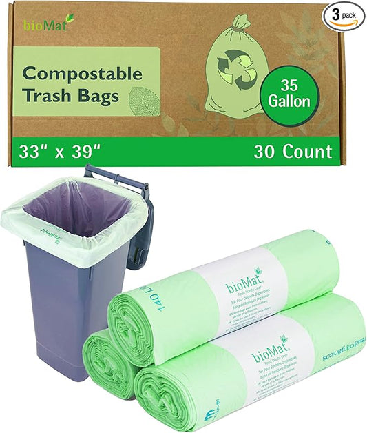 bioMat 35 Gallon Compostable Trash Bags, 30 Count, Biodegradable Kitchen Food Scrap Waste Bags, BPI ASTM D6400 and CMA Certified, Tall Kitchen Compost bags for Food Waste
