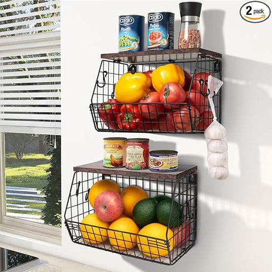 Fruit Bowl, Stackable Wall Mounted Fruit Basket of Smooth Wood Lid with 4 Banana Hanger Hooks, Metal Kitchen Counter Organizer for Snack, Fruit and Vegetable Storage, 11.8 * 7.9 * 8.5 Inches