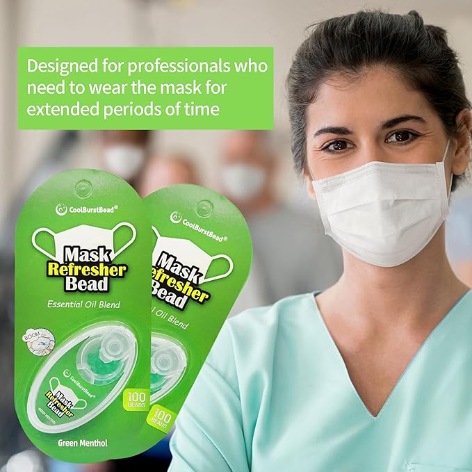 Menthol Beads for Face Mask Refresher, Long-Lasting & Strong Refreshing Fragrance, with Natural Essential Oils from Herbs and Plants (100 beads/pack), Pack of 2, Green Menthol