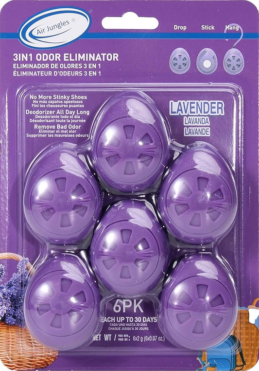 Air Jungles Shoe Deodorizer Balls 6 Ct, Lavender Scent, Odor Remover Balls for Sneakers, Gym Bags, Lockers, Closets, Hampers, and Drawers, Essential Oil Provides Natural Freshness