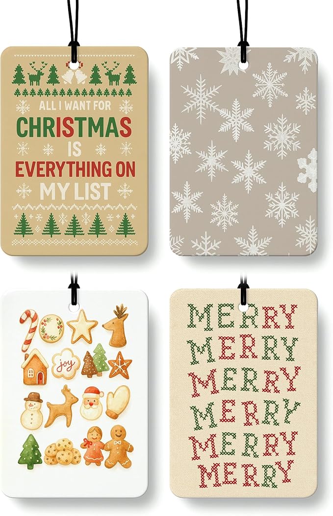 Merry Christmas Berry Car Air Freshener 4 Pcs, Classic Christmas Snowflake Gingerbread Hanging Air Freshener for Cars Closet Drawer Books, Cute Girly Car Accessories Mirror Decor for Women