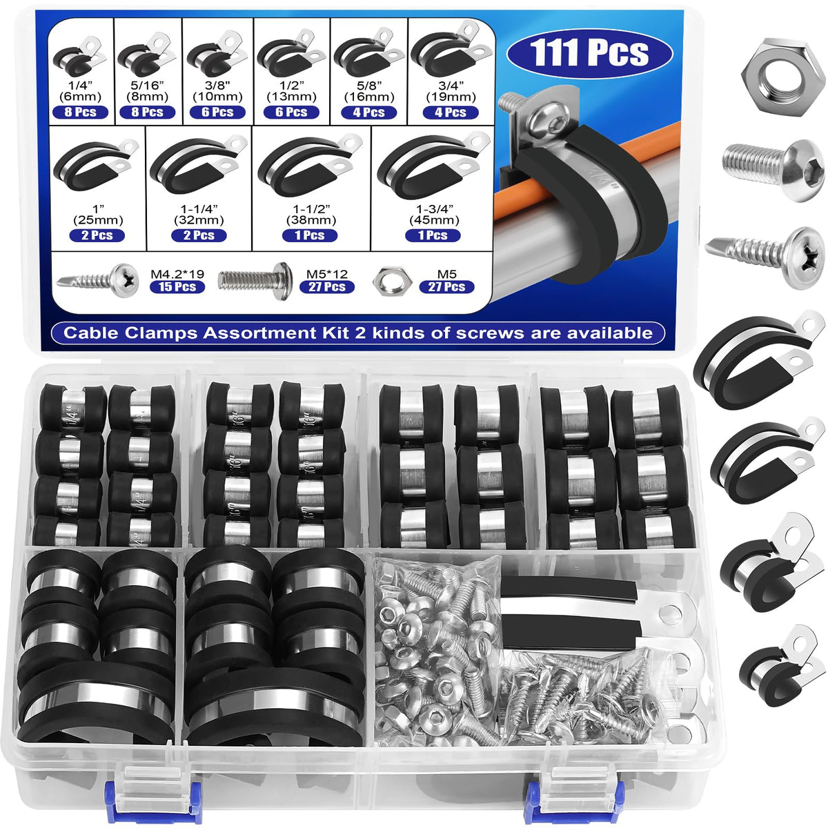 111 Pcs Cable Clamps - 10 Size Pipe Clamps Assortment Kit | Hand Tools - Image 1