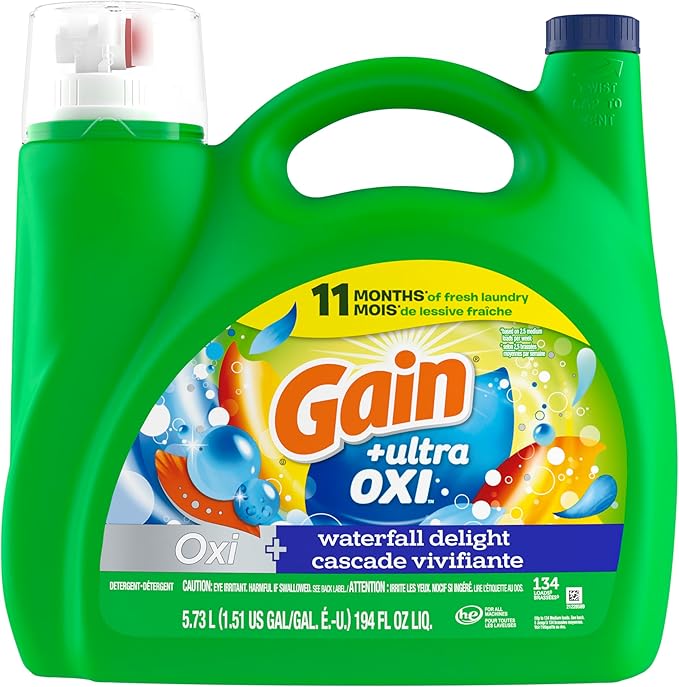 Gain Ultra Oxi Liquid Laundry Detergent, Waterfall Delight Scent, 194 fl oz, 134 Loads, Freshness + Odor Fighting, High Efficiency Washing Machine Liquid Cleaning Soap