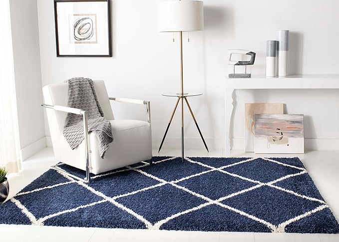 SAFAVIEH Hudson Shag Collection Area Rug - 5'3" x 7'6", Navy & Ivory, Modern Trellis Design, Non-Shedding & Easy Care, 2-inch Thick Ideal for High Traffic Areas in Living Room, Bedroom (SGH281C)