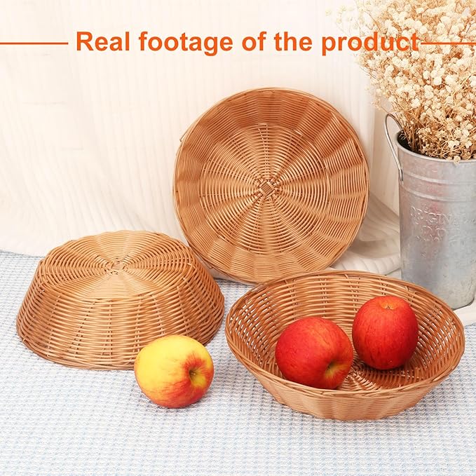 9.5 Inch Round Poly Wicker Baskets - Bulk 11 Pack for Serving, Empty Gifts, Small Wicker - Durable Bread and Food Serving for Home & Restaurant Use