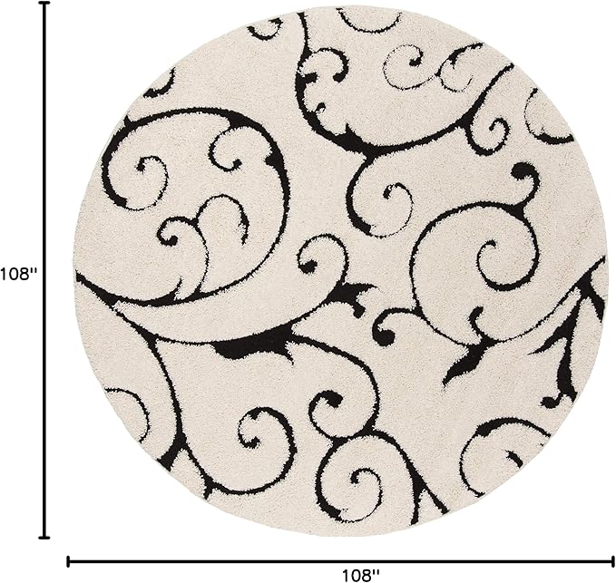 SAFAVIEH Florida Shag Collection Area Rug - 9' Round, Ivory & Black, Scroll Design, Non-Shedding & Easy to Clean, High-Low Plush Pile, Ideal for Living Room, Bedroom, Dining Space (SG455-1290)