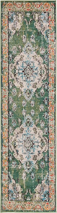 SAFAVIEH Monaco Collection Runner Rug - 2'2" x 16', Forest Green & Light Blue, Non-Shedding & Easy to Clean, Distressed Medallion Design, Ideal for Hallway, Foyer, Entryway, Kitchen, Bedroom (MNC243F)