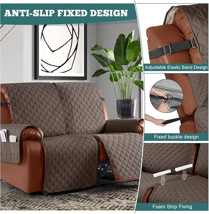 Ruaozz Waterproof Recliner Sofa Covers, 1-Piece Couch Covers for Reclining Couches Reclining Couch Cover Washable Furniture Protector with Elastic Straps Pocket for Kids Pets (Brown, 2 Seater)