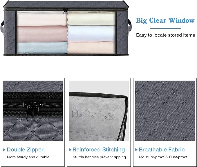 HomeHacks 6-Pack Clothes Organizer Storage Bags Foldable Storage Box with Large Clear Window Sturdy Handles for Closet, Dorm, Pillows, Bedding, Clothes, Stuffed Toys, Blankets, 35L, Grey