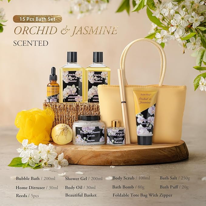 15Pcs Spa Kit Gifts for Women - Luxury Bath and Body Spa Gift Basket for Women with Purse Cute Handbag | Relaxing Care Kit Orchid Jasmine Mothers Day Gifts for Mom Gift Baskets for Anniversary