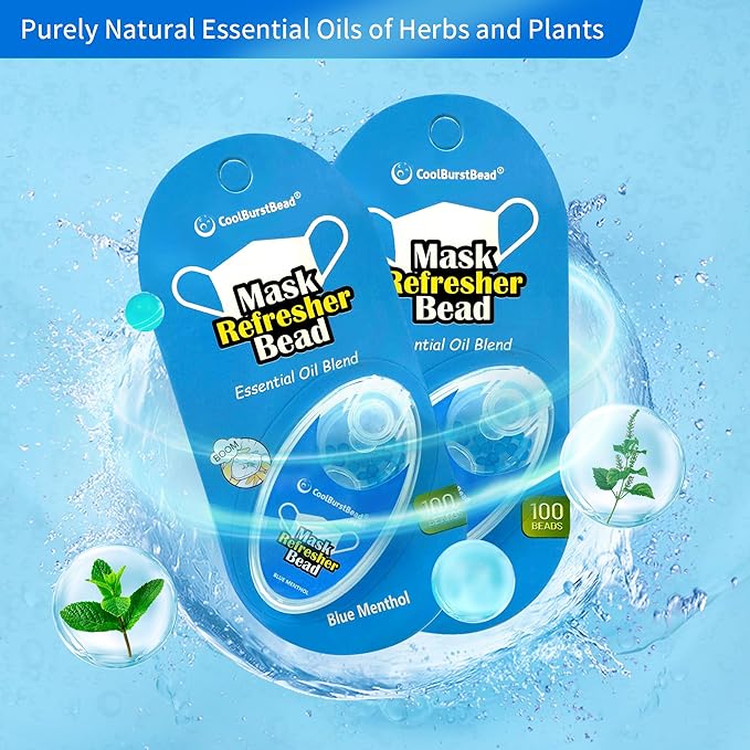 Face Mask Refresher, Long-Lasting & Strong Refreshing Fragrance, 2-Pack, with Natural Essential Oils from Herbs and Plants (100 beads/pack)