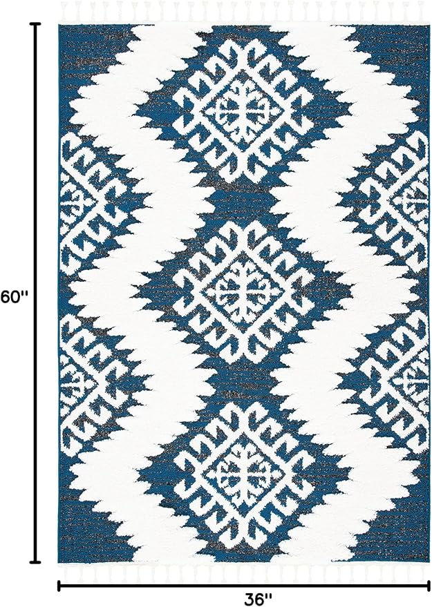 SAFAVIEH Moroccan Tassel Shag Collection Accent Rug - 3' x 5', Navy & Ivory, Non-Shedding & Easy Care, 2-inch Thick Ideal for High Traffic Areas in Entryway, Living Room, Bedroom (MTS652N)