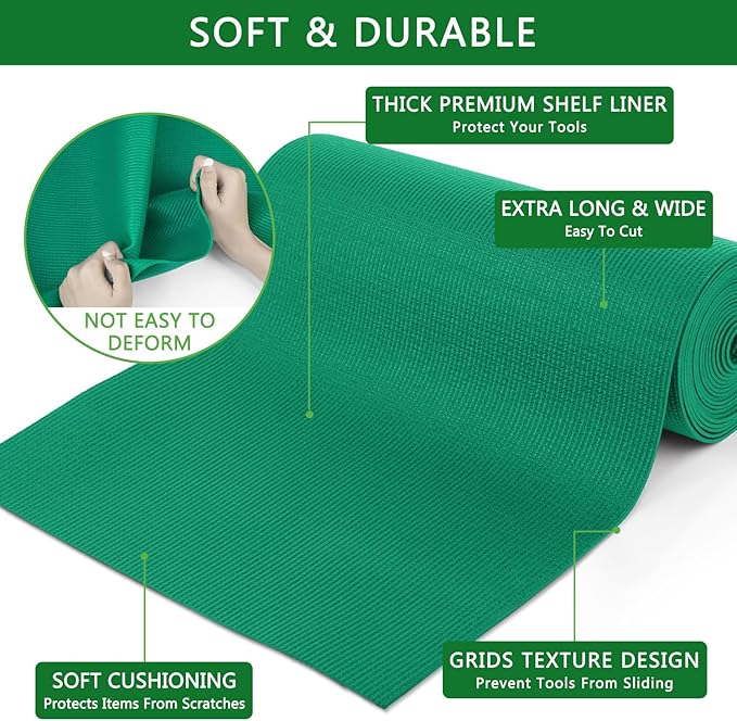 Foam Toolbox Liner Drawer Mat 1/8 Inch Thick X 24 Inch Wide X 24 Ft Long Green, No Slip for Protecting Cabinet, Garage, Cart, Tool Box