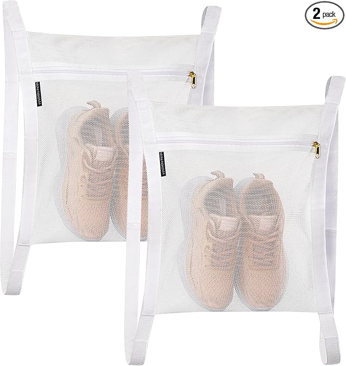 Sneaker Dryer Bag, 2 Pcs Reusable Sneaker Drying Mesh Bags, Honeycomb Net Laundry Bags with Zipper & Strap for Washing Machine, 15.7''x13.8'', White