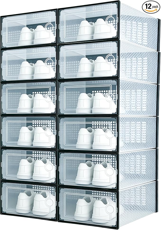 12 Pack Shoe Storage Boxes, Clear Plastic Stackable Shoe Organizer for Closet, Foldable Shoe Rack with Lids for Entryway, Closet, Under Bed, Black (13.2 x 9.8 x 6.7inches)
