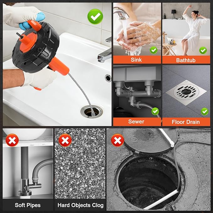 45 FT Drain Snake Tools, Manual Or Powered Double Mode Auto Retract Drain Drain Auger with Drill Attachment, plumbing snake for Sink、 Drain Unblocking、Toilet、Shower、Kitchen、Sink