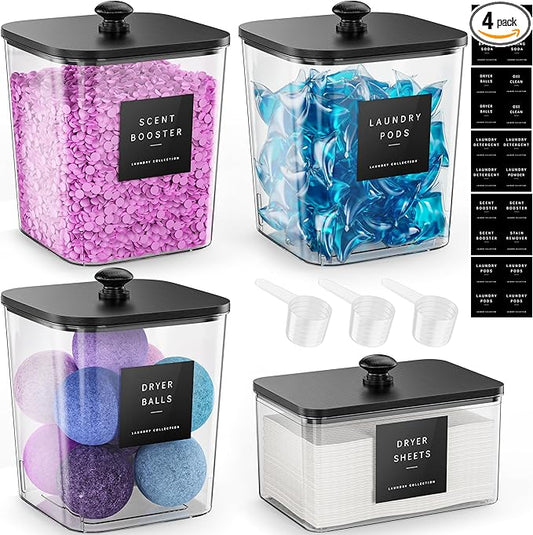 4 Pack Laundry Pods Container, Clear Laundry Room Organization Containers,Large Laundry Detergent Powder Storage Containers Black Wooden Lids & Labels, Acrylic Laundry Pods Holder for Scent Booster