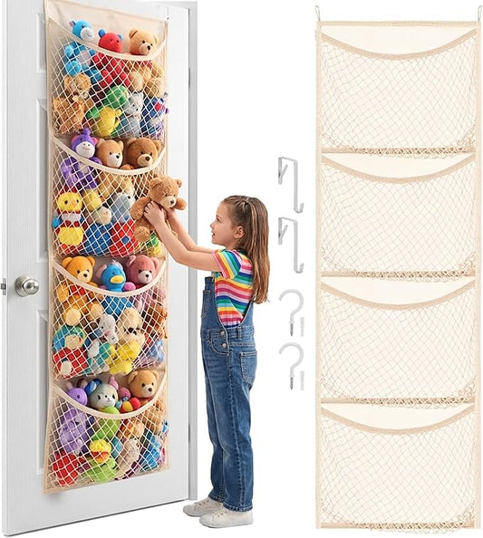 Over The Door Stuffed Animal Storage, Cotton Toy Organizer for Storage Plush Toys,Baby Supplies, Stuffed Animal Holder with 4 Large Pockets, Hanging Door Organizer for Nursery, Bedroom, Kids Room