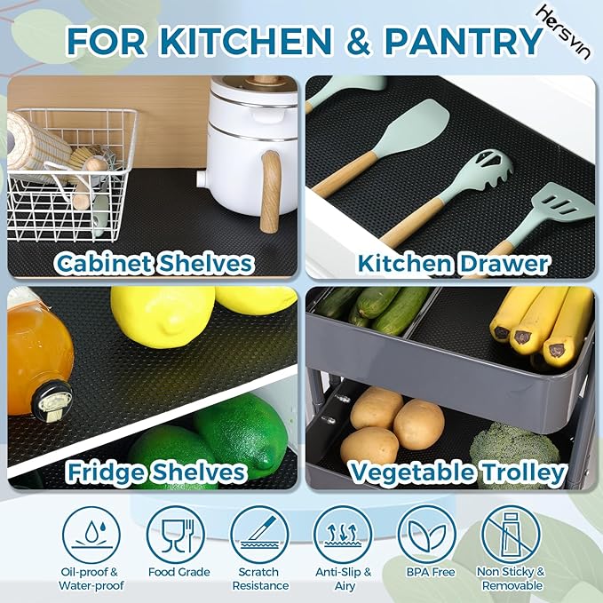 Hersvin Shelf Liners, 24 in x 20 ft Kitchen Drawer Mats, Non-Adhesive EVA Cupboard Protector, Cabinet Lining (Black Dot)
