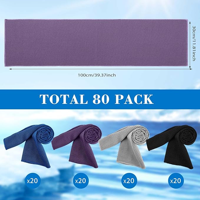 Shellwei 80 Count Cooling Towel Bulk 40 x 12 Inch Double Layer Microfiber Chilly Cold Towel for Neck Gym Yoga Running Workout Sports(Black, Purple, Gray, Blue)