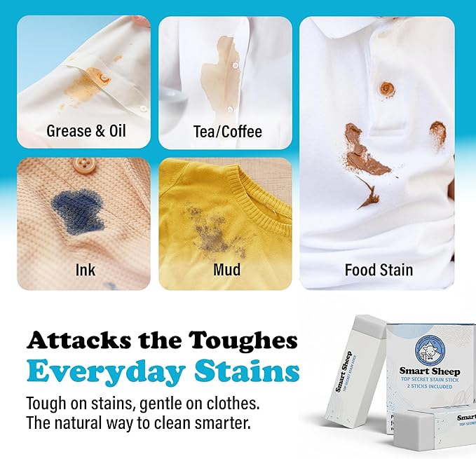 2 Pack Stain Stick - Stain Remover Bar for Clothes by Smart Sheep - Powerful Laundry Stain Remover - Formulated w/Natural Ingredients - Perfect for Food Drink Pet Grass & Blood Stains