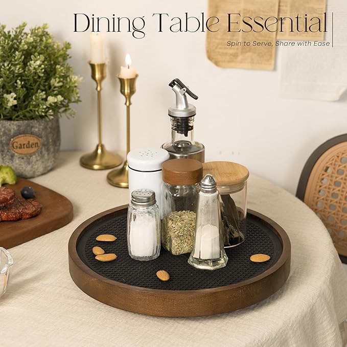 EOSAHR Non-Skid Wooden Lazy Susan for Table Top – Farmhouse 10.5" Bathroom Tray, Spice Rack and Vanity Tray - Stylish Bathroom Counter Organizer with Rubber Mat (Brown)
